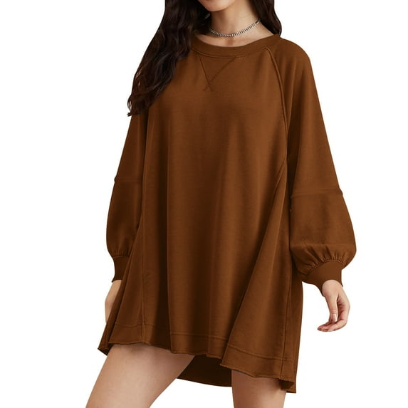 Idoravan Women's Dresses Clearance Womens Plus Size Fashion Women's Casual Over Sized Sweatshirt Long Sleeve Dress Round-Neck Ladies Patchwork Dresses Brown XXL