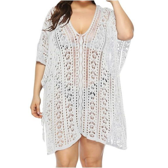 Idoravan Women's Fashion Round Neck Short Sleeve Loose Hollowed Out Beach Swimsuit Blouse