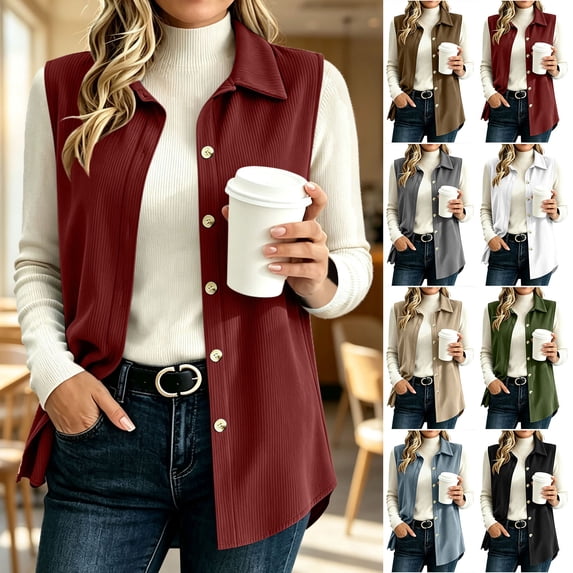 Idoravan Womens Vest Button Up Women'S Fashion Solid Color Sleeveless Casual Lapel Button Down Corduroy Sleeveless Tops
