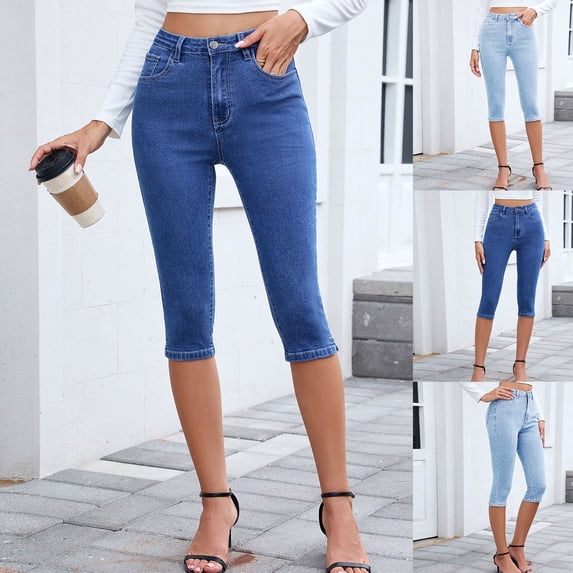 Idoravan Womens Capri Jeans High Waisted Stretchy Women's Fashion Tight High Waist Mid Length Trousers Jeans Pants