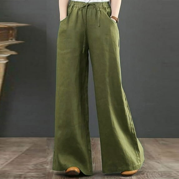 Idoravan Women's Linen Trousers Solid Color Comfortable Waist Wide Loose Leg Pants