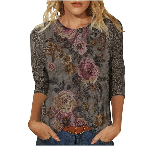 Idoravan Women's Loose Fit 3/4 Sleeve Tee - Round Neck Floral Print Blouse