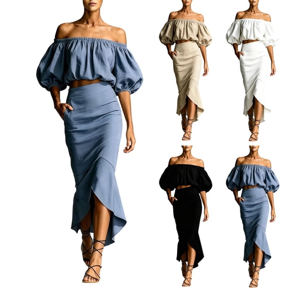 Idoravan Womens Going Out Sets 2 Piece Women's Off Shoulder Short Sleeve Top and Maxi Skirt Set Womens Off The Shoulder Puff Sleeve Top Elegant Party Skirt,Summer Night and Wedding Dress