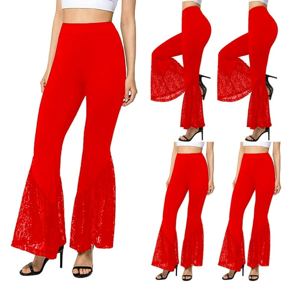 Idoravan Women's Plus Size Pants Fashion Causual Womens Solid Slimming Lace Flared Yoga Stretch Sports Pants