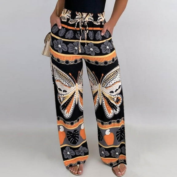 Idoravan Women's Plus Size Pants Fashion Women Casual Butterfly Printing Trousers High Waist Wide Leg Slim Straight Beach Pants