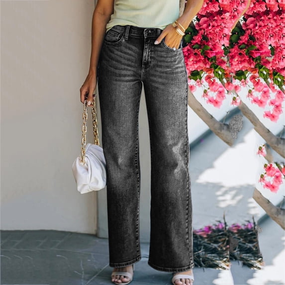 Idoravan Women's Plus Size Pants Fashion Women Pockets Button Mid Waist Loose Jeans Straight Trousers Denim Pants