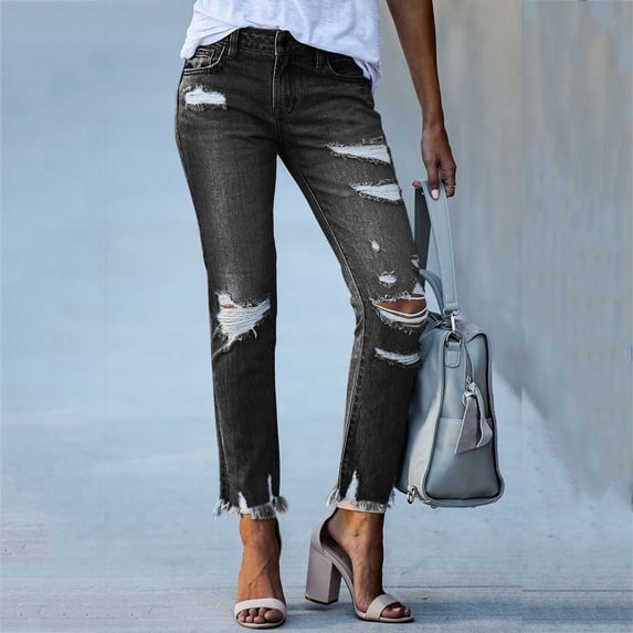 Idoravan Women's Plus Size Pants Clearance Fashion Women Pockets Button Mid Waist Skinny Ripped Jeans Trousers Hole Denim Pants
