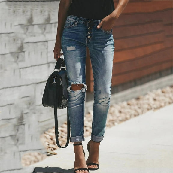 Idoravan Women's Plus Size Pants Fashion Women Pockets Button Mid Waist Skinny Ripped Jeans Trousers Hole Denim Pants