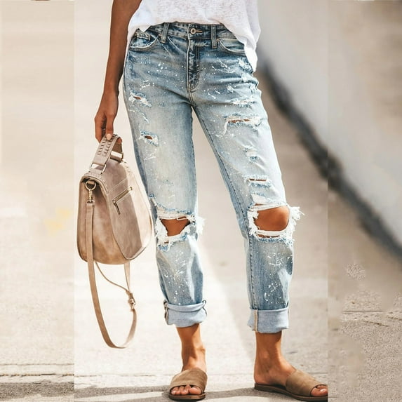 Idoravan Women's Plus Size Pants Clearance Fashion Women Pockets Button Mid Waist Skinny Ripped Jeans Trousers Hole Denim Pants