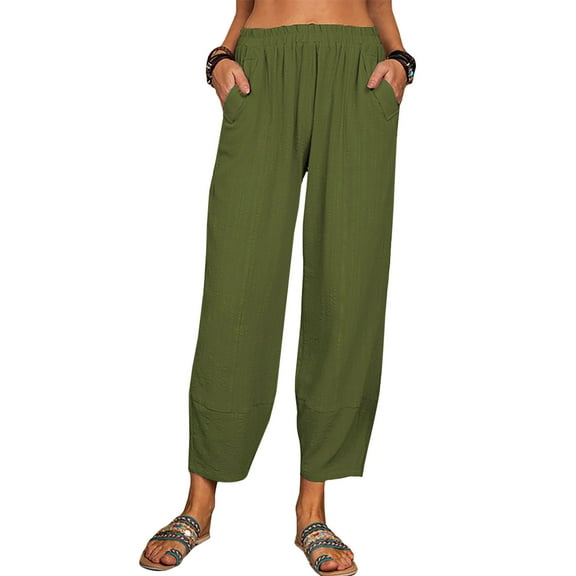Idoravan Women's Plus Size Pants Fashion Women SolidCotton And Linen Casual Loose Trouser Wide Ninth Pants Pants