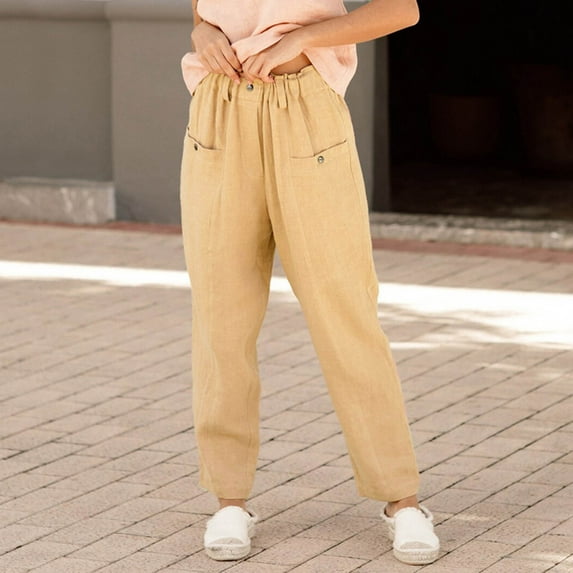 Idoravan Women's Plus Size Pants Clearance Fashion Womens Casual Loose Cotton Linen Ladies Solid Elastic Waist Wide-leg Button Pants