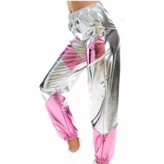 Idoravan Women's Plus Size Pants Ladies Hot Stamping Patent Leather Sexy Leak Navel Sleeve Casual Trousers