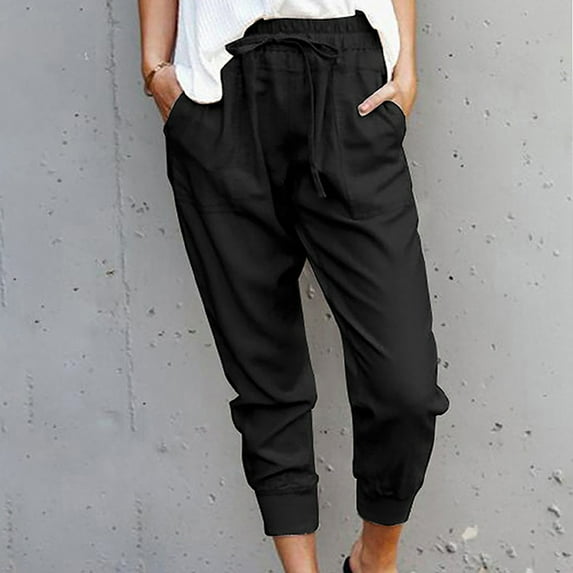 Idoravan Women's Plus Size Pants Clearance Women Casual Solid Cotton Linen Drawstring Elastic Waist Calf-Length Pencil Pants