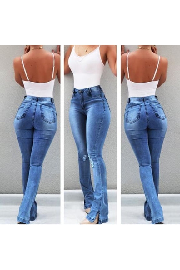 Women's Plus Size Pants Clearance Women High Waisted Skinny Pocket Stretch Slim Button Trousers Hole Flare Pants Denim Jeans