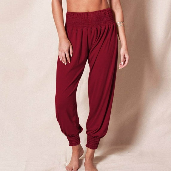 Idoravan Women's Plus Size Pants Clearance Women Recreational Home Harron Solid Color Elastic Mid Waist Sports Yoga Fold Leggings Long Pants