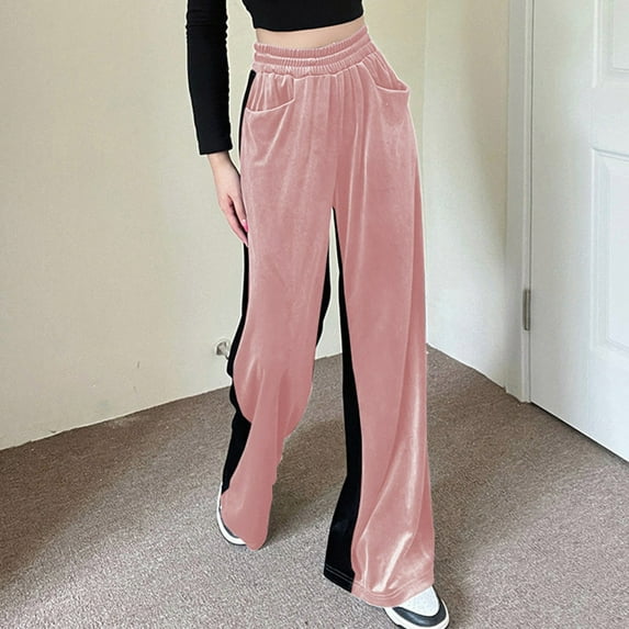 Idoravan Women's Plus Size Pants Women Suede Elastic Waist High Waist Color Blocking Sagging Loose Wide Leg Trousers Length Pants