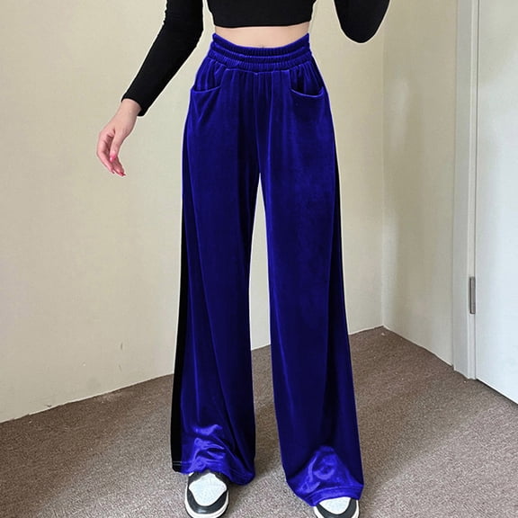 Idoravan Women's Plus Size Pants Women Suede Elastic Waist High Waist Color Blocking Sagging Loose Wide Leg Trousers Length Pants
