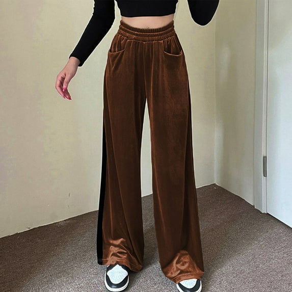 Idoravan Women's Plus Size Pants Clearance Women Suede Elastic Waist High Waist Color Blocking Sagging Loose Wide Leg Trousers Length Pants
