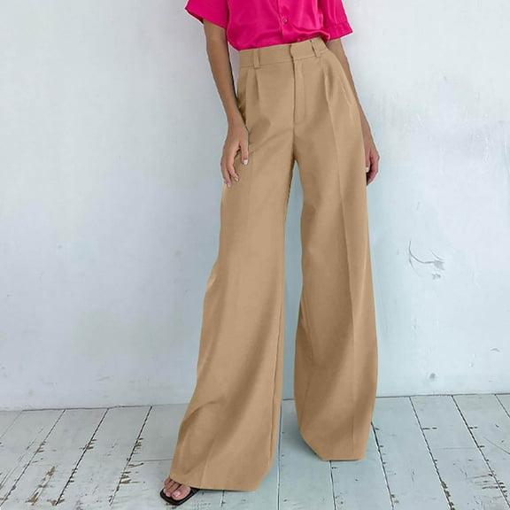 Idoravan Women's Plus Size Pants Womens Casual Autumn Straight Solid Color High Waist Suit Pants With Pocket