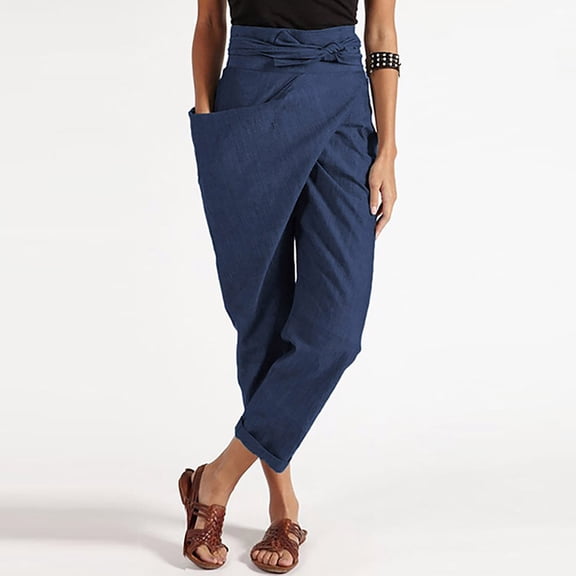 Idoravan Women's Size Pants Womens Casual High-waist Strapped Solid Color Trousers