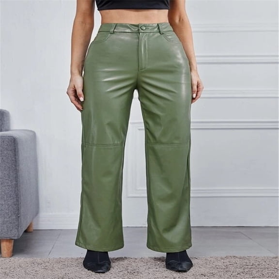 Idoravan Women's Plus Size Pants Womens Fashion Autumn Winter High Waist Solid Solid Straight Pocket Leather Pants Trousers