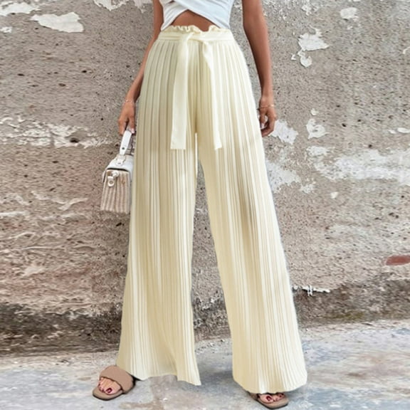 Idoravan Women's Plus Size Pants Womens Fashion Casual High Waist Elastic Waist Drawstring Straps Solid Color Draped Pleated Wide Leg Long Pants