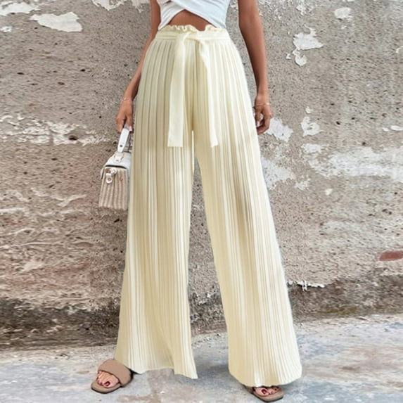 Idoravan Women's Plus Size Pants Clearance Womens Fashion Casual High Waist Elastic Waist Drawstring Straps Solid Color Draped Pleated Wide Leg Long Pants