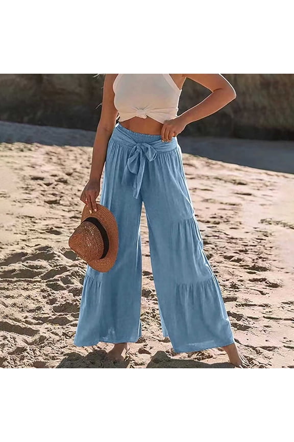Women's Plus Size Pants Womens Fashion Casual High Waist Elastic Waist Drawstring Straps Solid Color Ruffle Wide Leg Long Pants