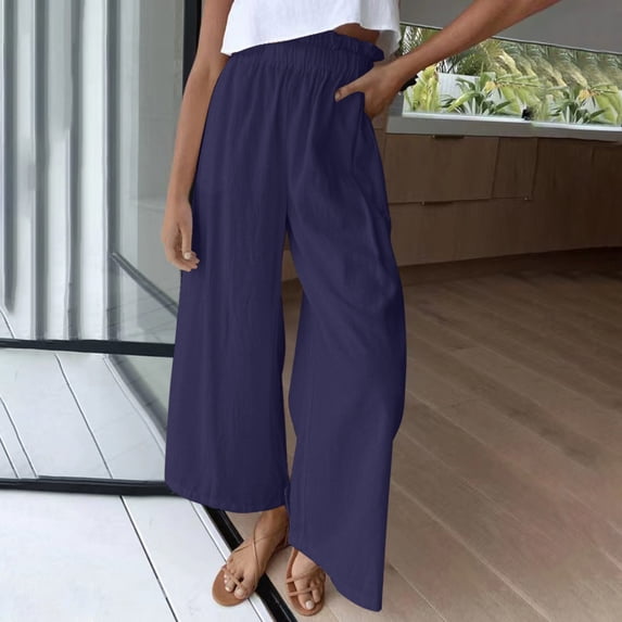 Idoravan Women's Plus Size Pants Clearance Womens Fashion Casual Solid Color High Waist Loose Mopping Long Cotton Linen Wide Leg Pants