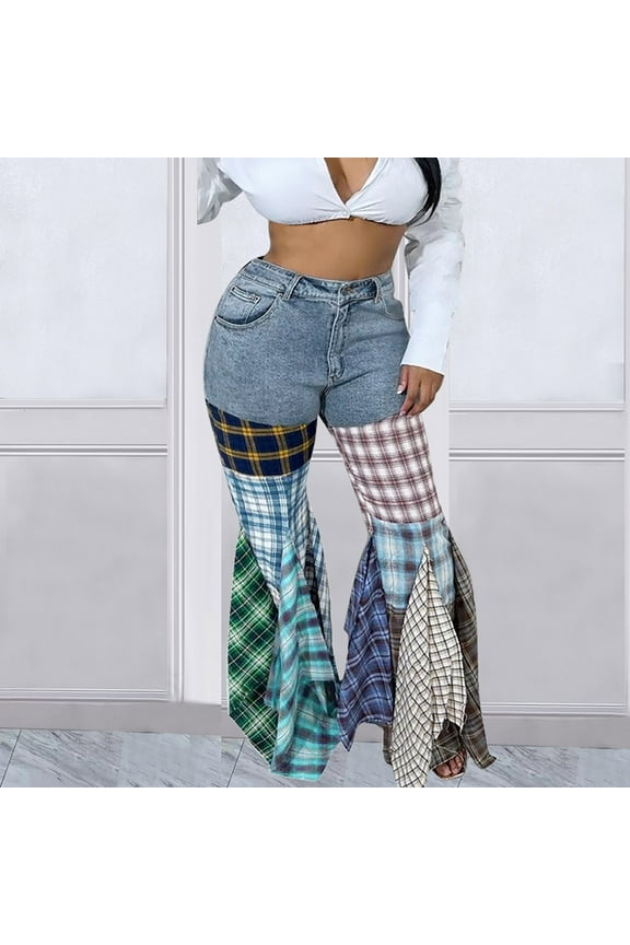 Women's Plus Size Pants Womens Flare Pants Splicing Plaid Horn Denim Flanged High-waisted Jeans And Trousers