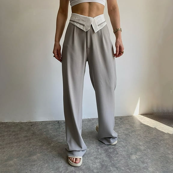 Idoravan Women's Plus Size Pants Womens High Waist Pants Turned Waist Wide Leg Trousers Casual Slim Straight Trousers