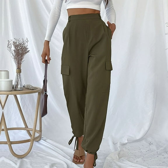 Idoravan Women's Plus Size Pants Womens Loose Usual Overalls Pocket Drawstring Leggings