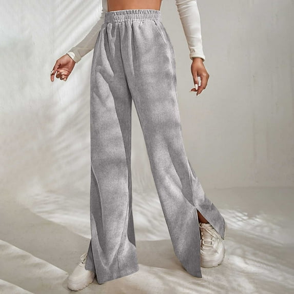 Idoravan Women's Plus Size Pants Clearance Womens Solid Corduroy Splicing Slit Hem Trousers