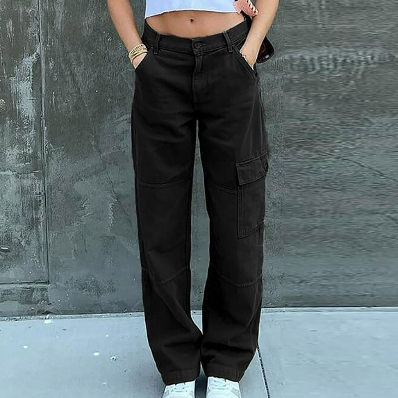 Idoravan Women's Plus Size Pants Clearance Womens Street Style Fashion Design Sense Multi Pocket Overalls Drawstring Elastic Low Waist Sports Pants