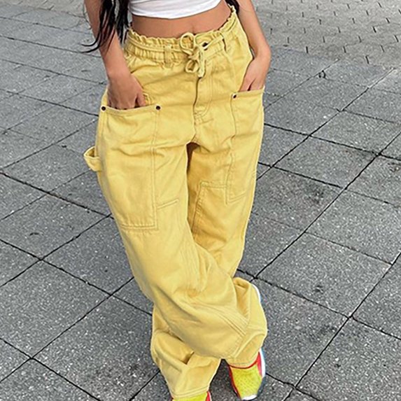 Idoravan Women's Plus Size Pants Clearance Womens Street Style Fashion Design Sense Multi Pocket Overalls Drawstring Elastic Low Waist Sports Pants