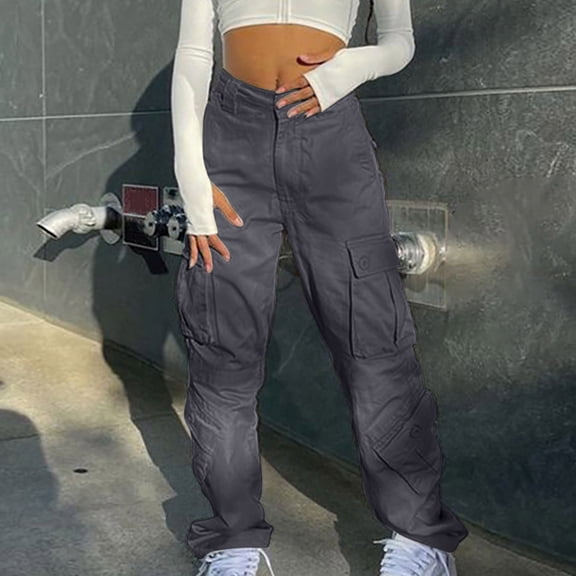 Idoravan Women's Plus Size Pants Womens Street Style Fashion Design Sense Multi Pocket Overalls Drawstring Elastic Low Waist Sports Pants