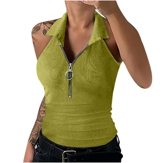 Idoravan Women's Plus Size Tops Clearance Spring and Summer New Solid Color Lapel Sleeveless Vest Zipper Fashion Casual T-shirt Womens Clothing