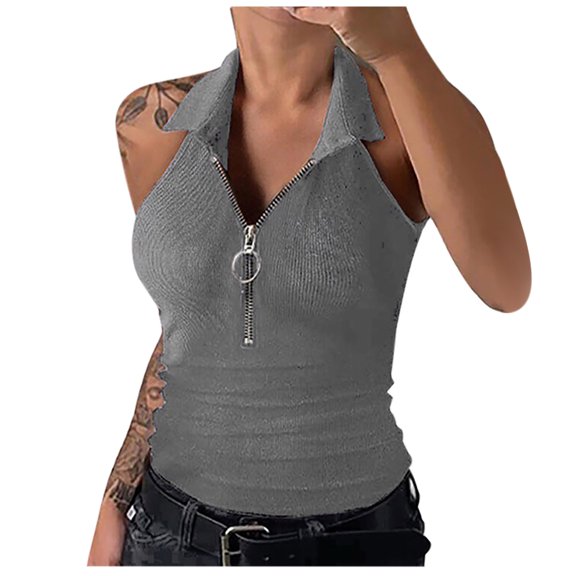 Idoravan Women's Plus Size Tops Spring and Summer New Solid Color Lapel Sleeveless Vest Zipper Fashion Casual T-shirt Womens Clothing