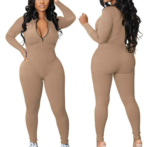 Idoravan Women's Plus Size Tops Womens Ribbed Jumpsuits Ribbed Workout Rompers Long Sleeve Exercise Zipper Jumpsuit