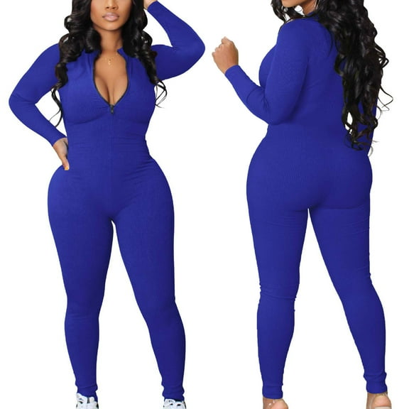 Idoravan Women's Plus Size Tops Womens Ribbed Jumpsuits Ribbed Workout Rompers Long Sleeve Exercise Zipper Jumpsuit