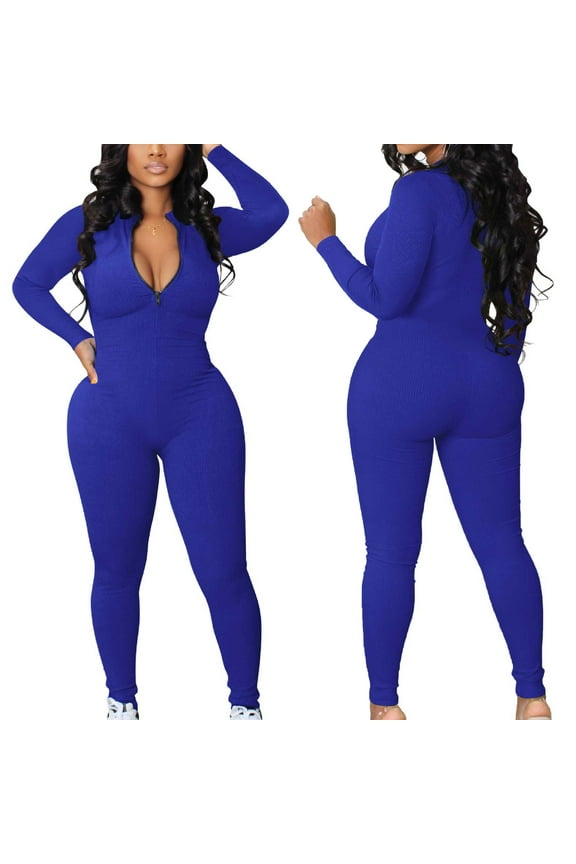 Women's Plus Size Tops Womens Ribbed Jumpsuits Ribbed Workout Rompers Long Sleeve Exercise Zipper Jumpsuit