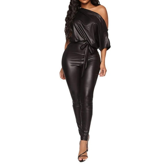 Idoravan Women's Plus Size Tops Clearance Womens Rompers Fashionable Faux Leather Strap Off Shoulder Sexy Bodysuit Lady's Jumpsuits