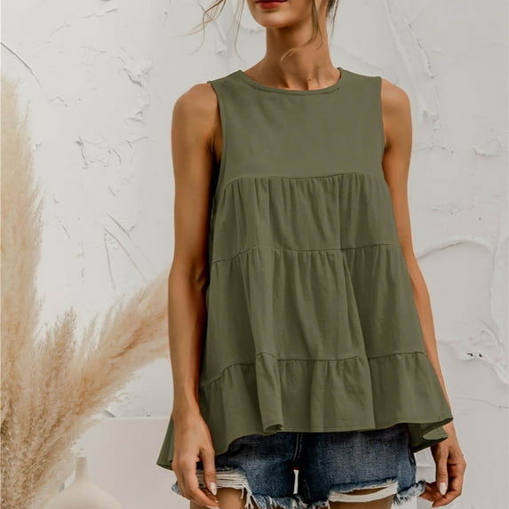 Idoravan Women's Plus Size Tops Womens Round Neck Sleeveless Multi-Section Splice Loose Casual Large Swing Tank Top