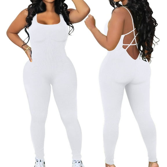 Idoravan Women's Plus Size Tops Clearance Womens Sleeveless Backless Waist Closing Jumpsuit Solid Color High Waist Tight Sports Yoga Jumpsuit