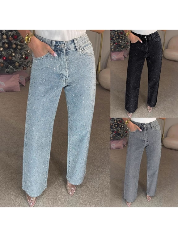 Women's Rhinestone Jeans Wide Leg Flare Denim Pants High Waist Sparkle Shiny Sequin Glitter Trouser Women Fashion Summer Solid Casual Trousers Button Long Pants Jeans