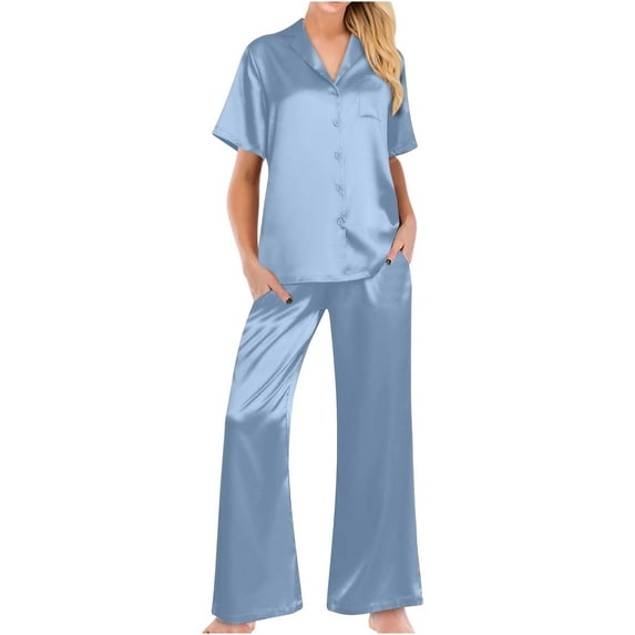Idoravan Women's Sleepwear Set Women's Silk Satin Pajama 2 Piece Outfits Short Sleeve Crop Top and Wide Leg Pants Set with Pockets Light Blue M
