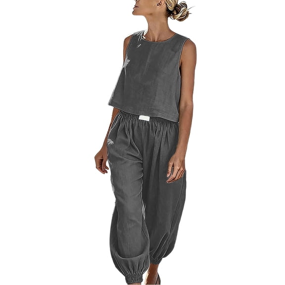 Idoravan Womens Summer Clothes 2 Piece Set Linen Sets for Women 2 Piece Women's Solid Color Round Neck Sleeveless Top Pocket Elastic Waist Pants Two-Piece Linen Set