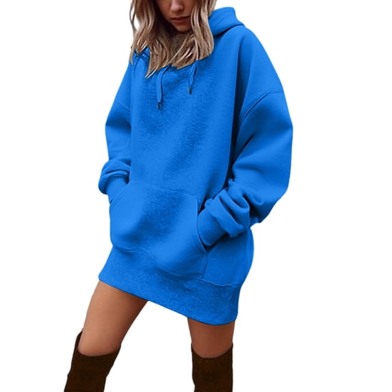 Idoravan Hoodie Dress for Women Sweatshirt Dress Oversized Casual Fall Winter Pullover Dresses with Pockets Women's Solid Dress Hooded Sweatshirt Dress Long-Sleeved Dress with Pocket