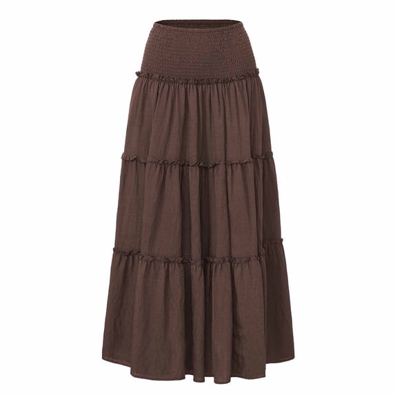 Idoravan Women's Summer Linen Skirts Women Maxi Skirt Flared Ruffle Elastic Waist Summer A Line 2026 Spring Long Skirts Womens High Waist Elastic Lining Skirt Linen Pocket Skirt Casual Dress