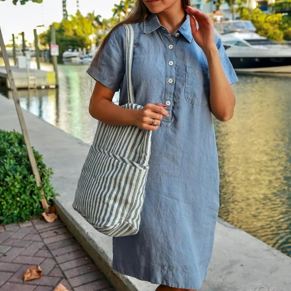 Idoravan Women's Summer T Shirt Dress Fashion Women AutumnSolid Causal Turndown Collar Short Sleeve Vacation Button Pockets Dress